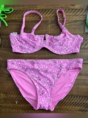 NWT Aerie FULL SET Wide Strap Unlined Underwire Top + Bottom Pink Paisley 38D L
